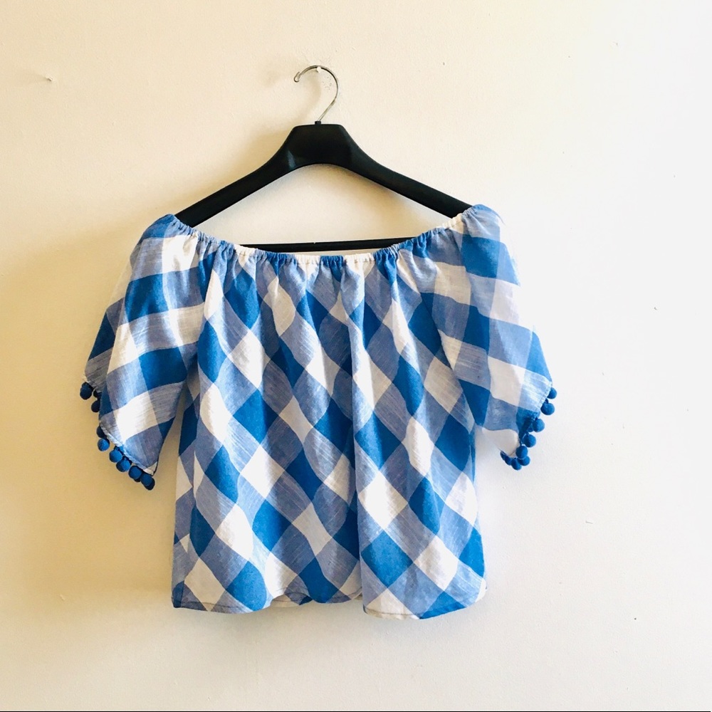 Plaid pom pom off the shoulder blouses